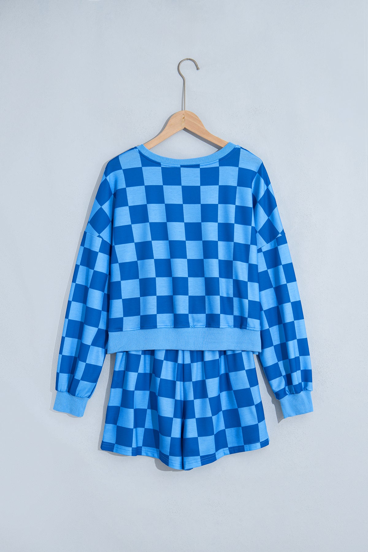 Orange Plaid Checkered Long Sleeve Crop Top Elastic Waist Shorts Two Piece Set