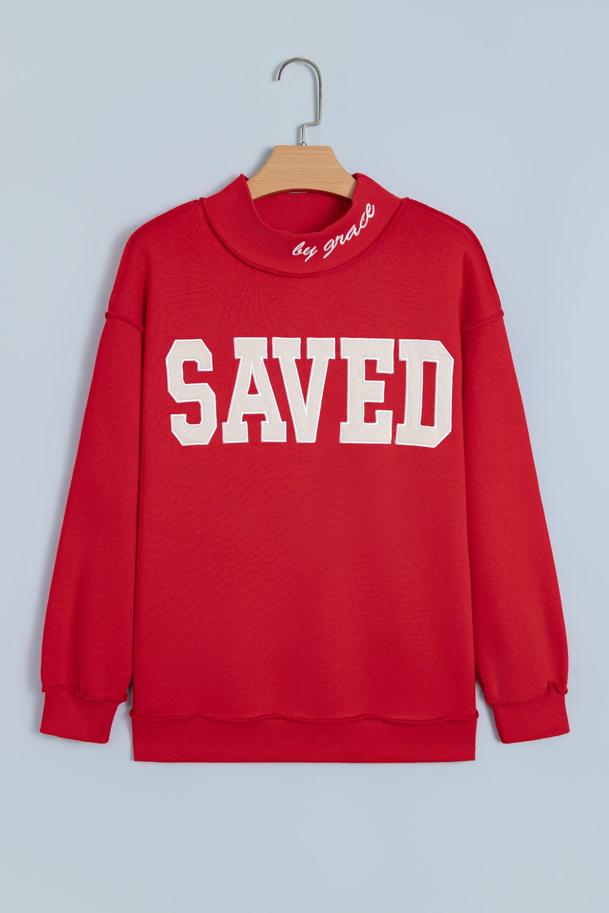 Pink Saved By Grace Embroidered Detail Letter Graphic High Neck Sweatshirt