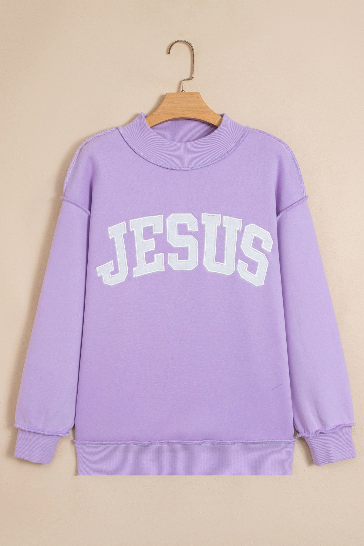 Meadow Mist Green JESUS Letter Patch Graphic Exposed Seam Mock Neck Baggy Sweatshirt