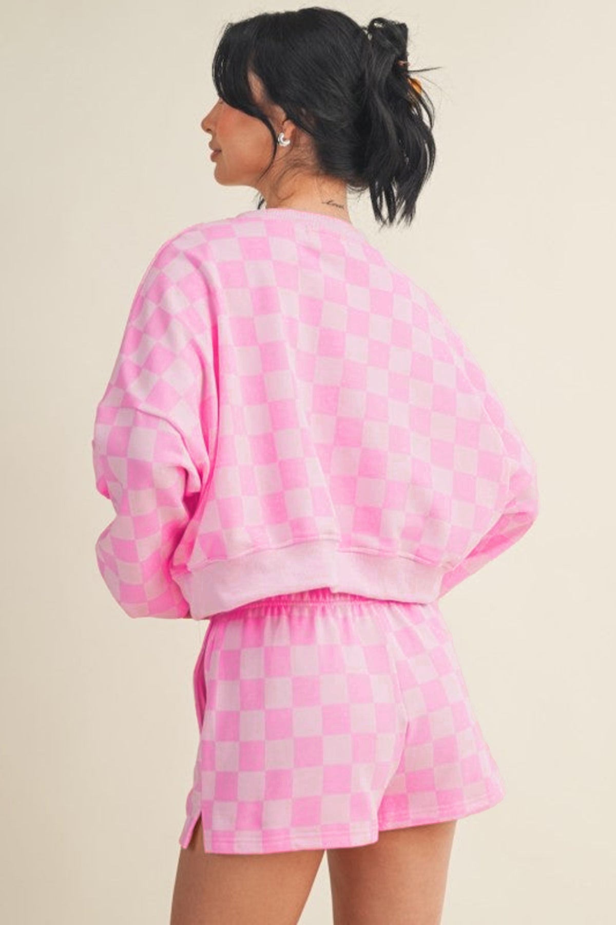 Orange Plaid Checkered Long Sleeve Crop Top Elastic Waist Shorts Two Piece Set