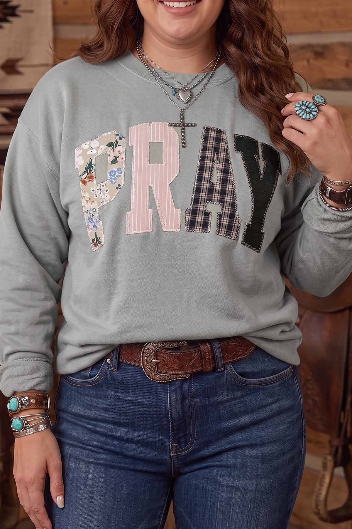Fiery Red PRAY Letter Patchwork Round Neck Long Sleeve Plus Size Sweatshirt