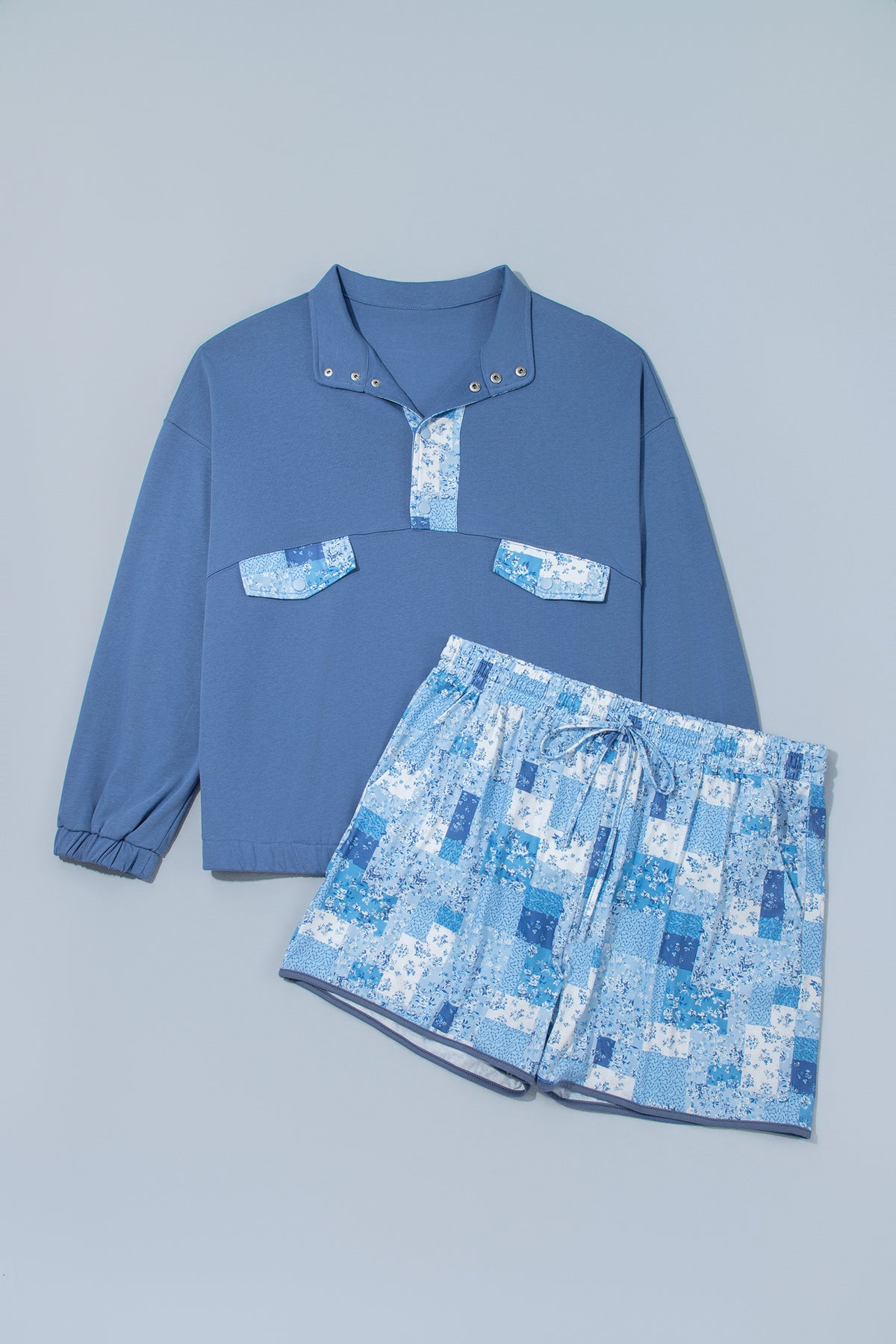 Blue Floral Patchwork V-Neck Long Sleeve Short Bottoms Plus Size Set