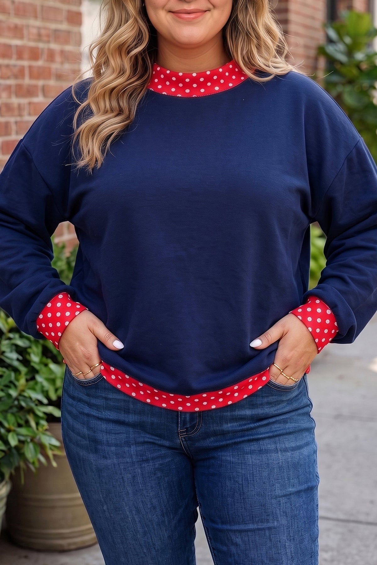 Brown Polka Dot Patchwork Round Neck Plus Size Sweatshirt