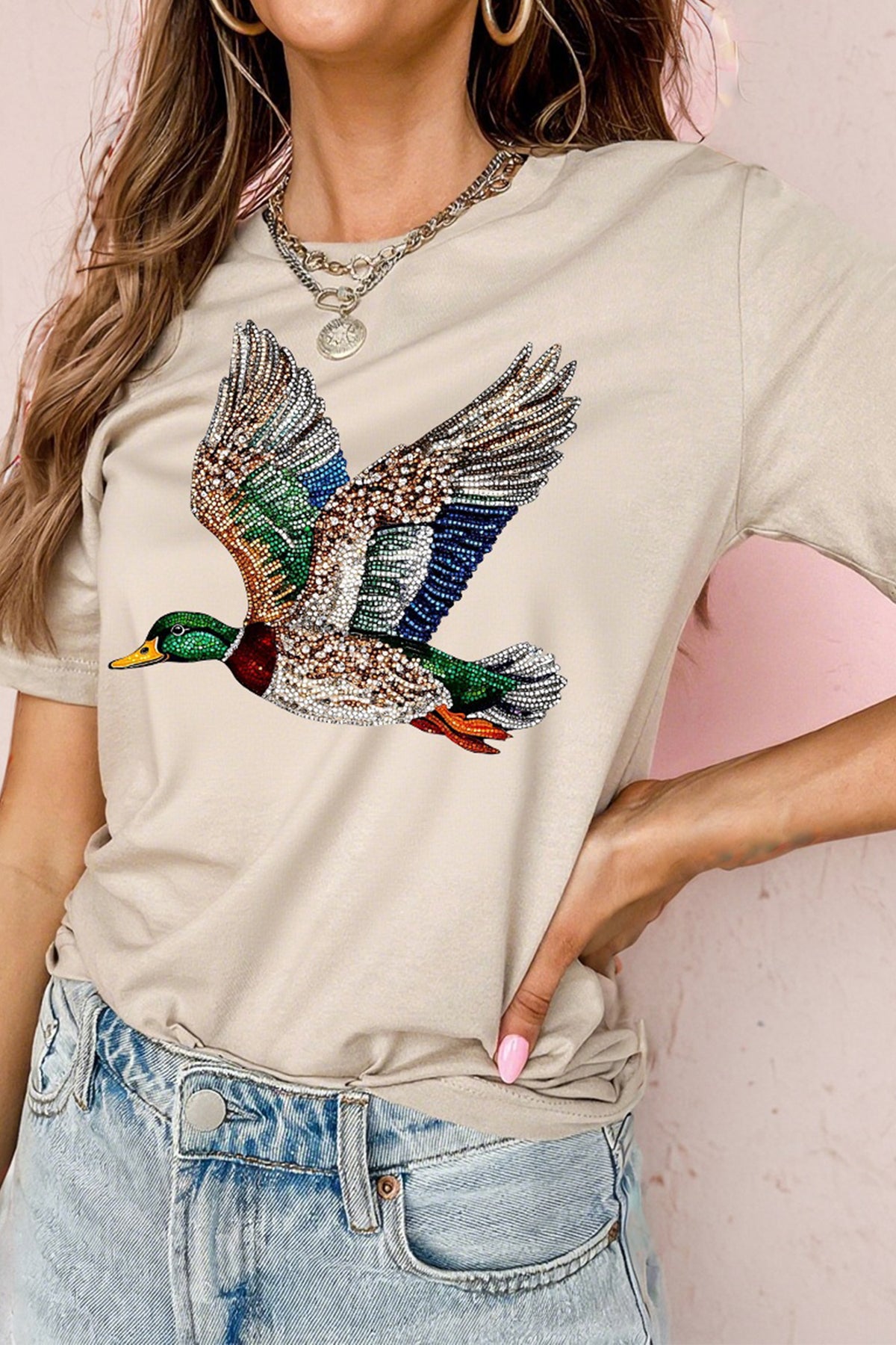 White Flying Mallard Print Crew Neck T Shirt