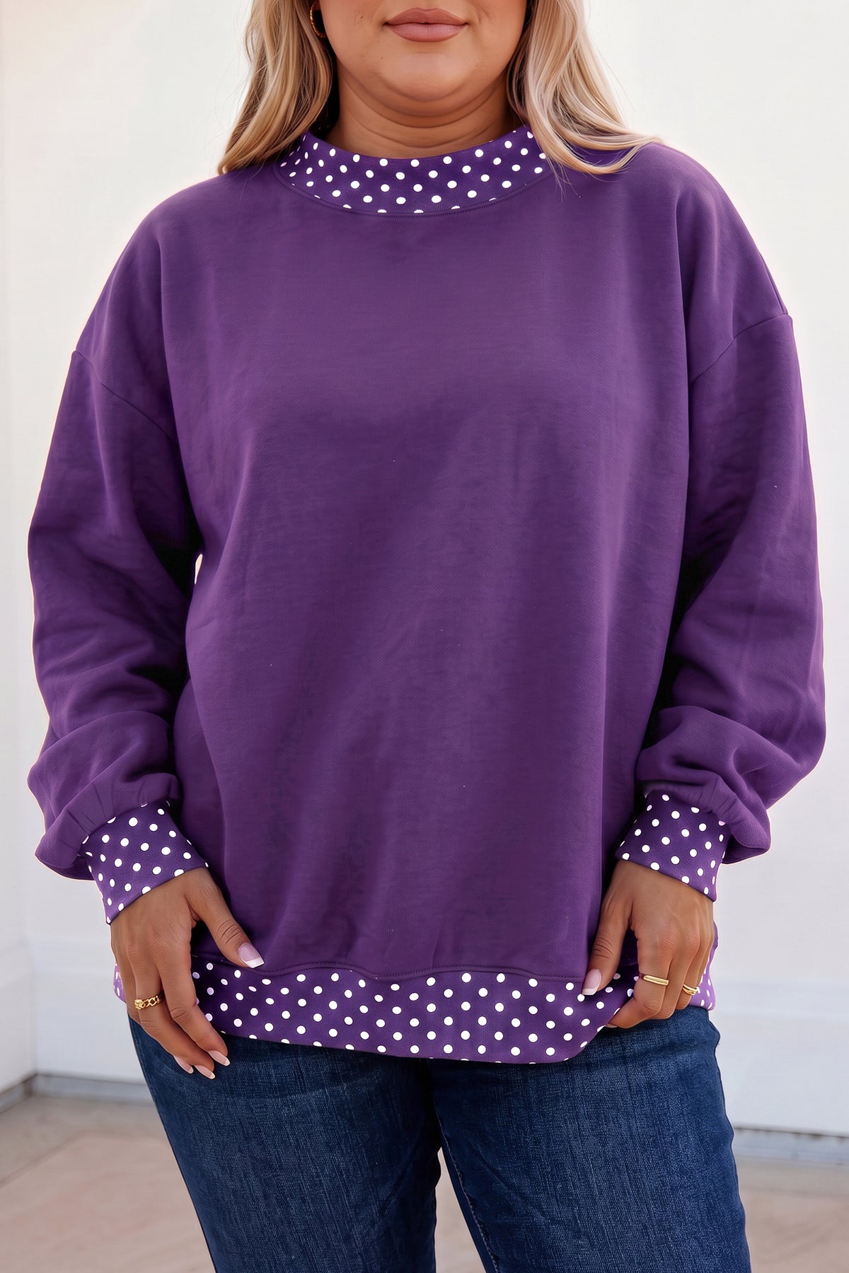 Brown Polka Dot Patchwork Round Neck Plus Size Sweatshirt