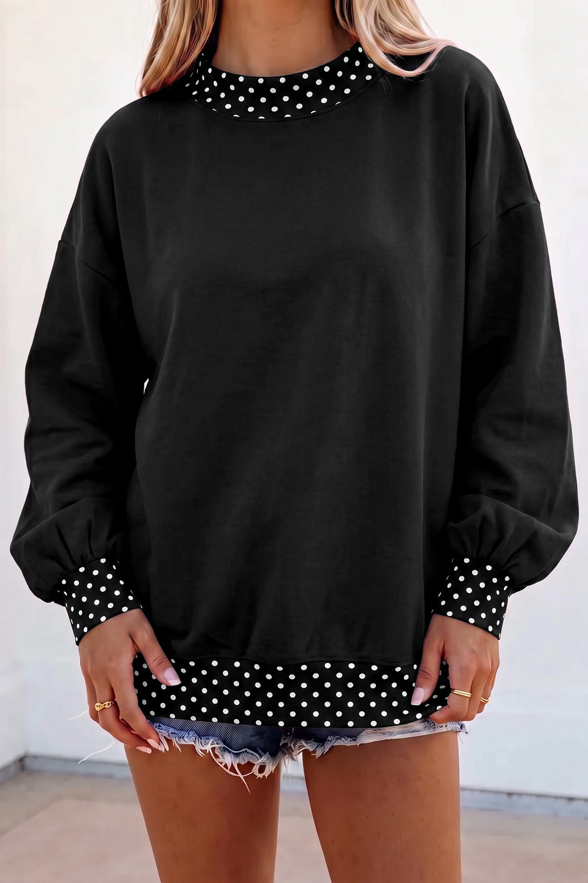 Tillandsia Purple Colorblock Polka Dot Contrast Trim Oversized Sweatshirt