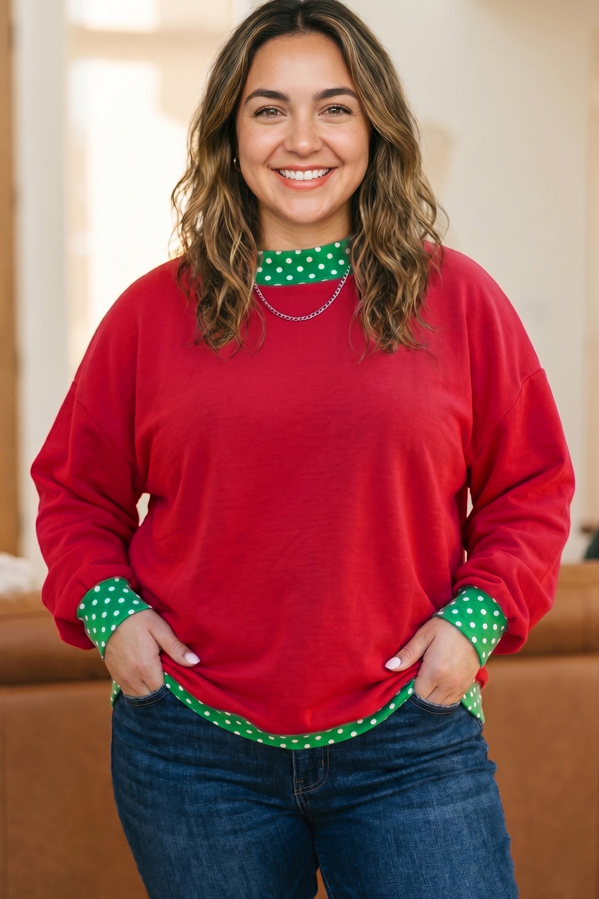 Brown Polka Dot Patchwork Round Neck Plus Size Sweatshirt