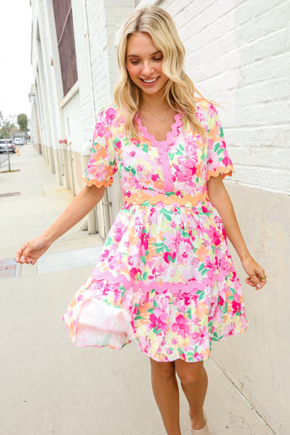 Beautiful You Rose Floral Print Ric Rack Trim Babydoll Dress