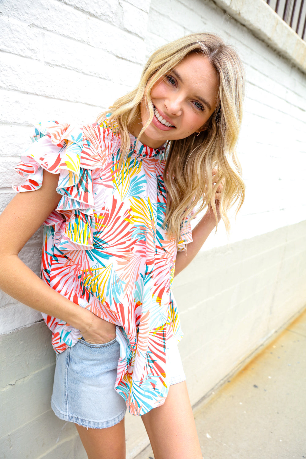 Eyes On You Ivory Abstract Print Frill Neck Double Flutter Sleeve Top