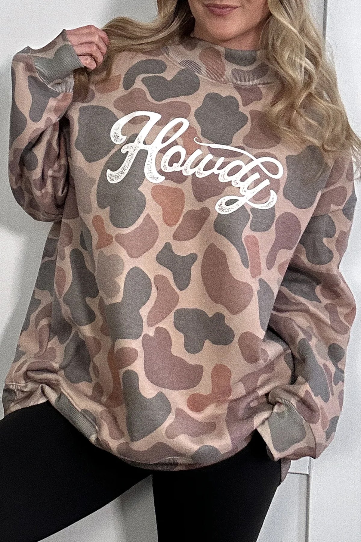 Pink Camo Print Howdy Western Style Baggy Pullover Sweatshirt