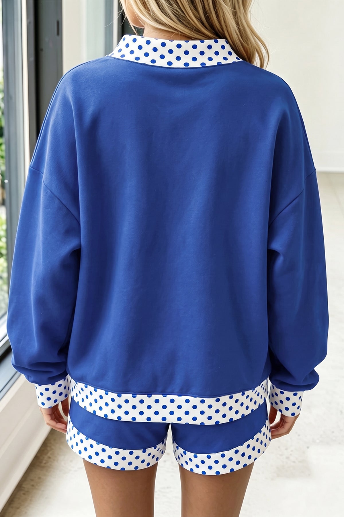 Navy Blue Polka Dot Trim Baggy Pullover 2pcs Short Set