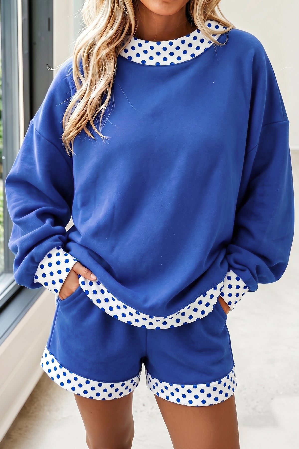 Navy Blue Polka Dot Trim Baggy Pullover 2pcs Short Set