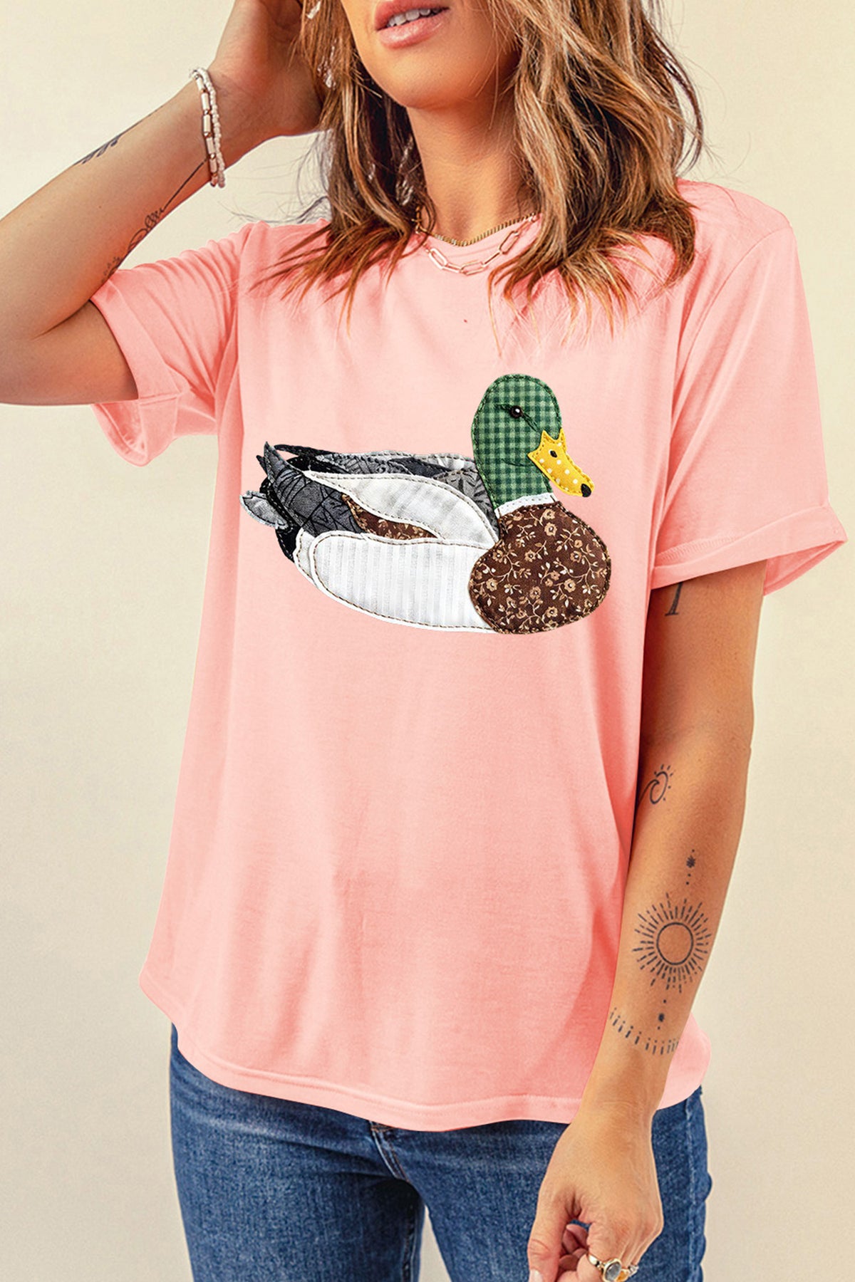 Pink Faux Quilted Mallard Casual Round Neck Tee