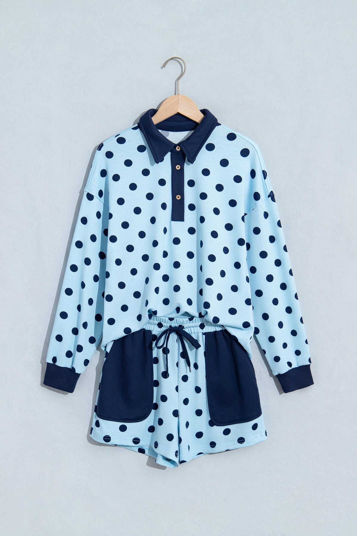 Sky Blue Polka Dot Drop Shoulder Polo Loose Pullover Patch Pocket Casual Shorts Set