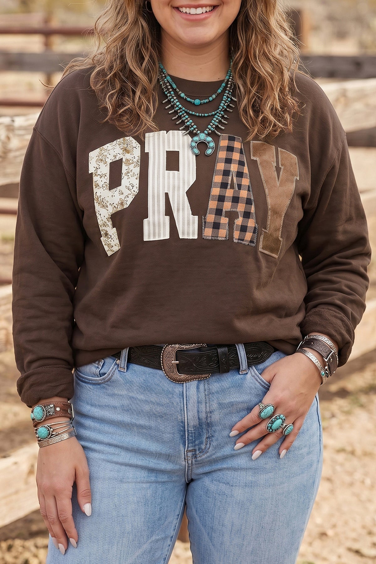 Fiery Red PRAY Letter Patchwork Round Neck Long Sleeve Plus Size Sweatshirt