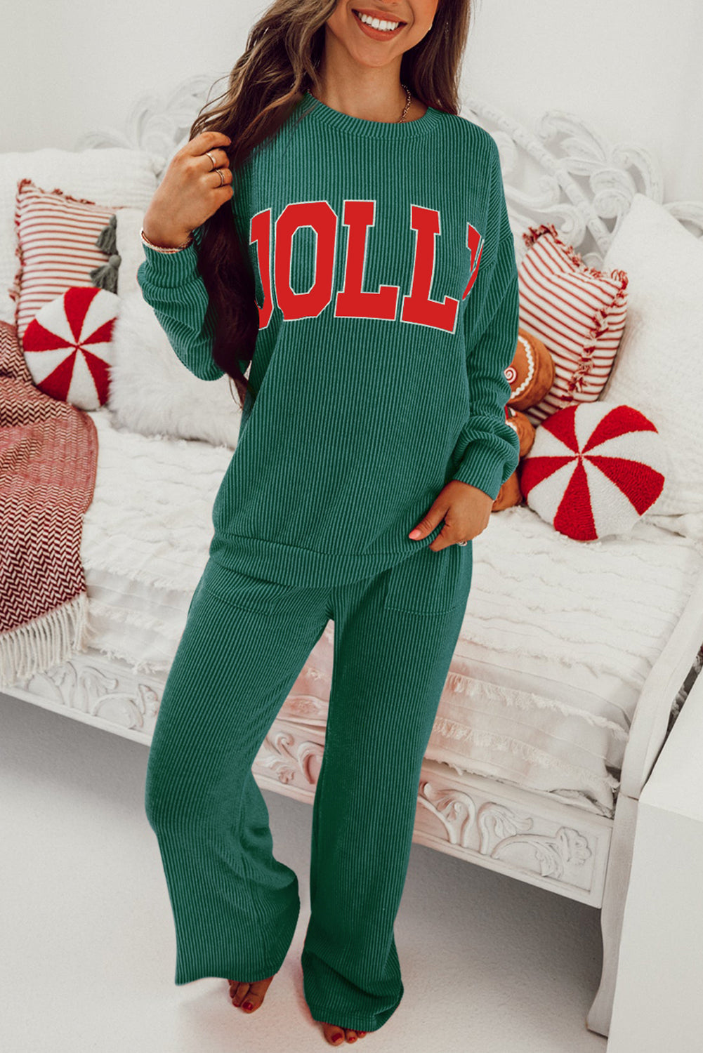 Racing Red MERRY Corded Long Sleeve Top and Pockets Pants Set