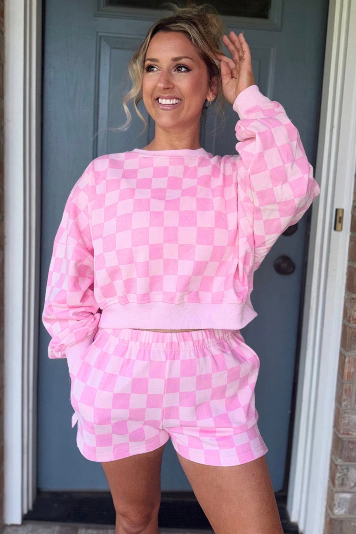 Orange Plaid Checkered Long Sleeve Crop Top Elastic Waist Shorts Two Piece Set