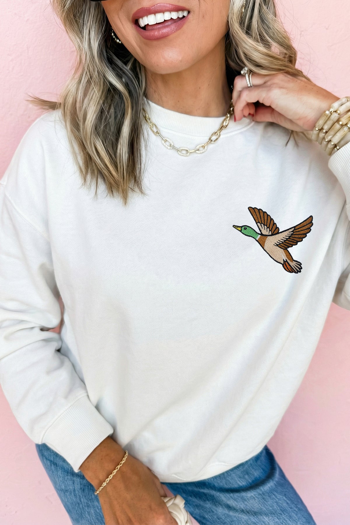 White Mallard Embroidered Detail Relaxed Pullover Sweatshirt
