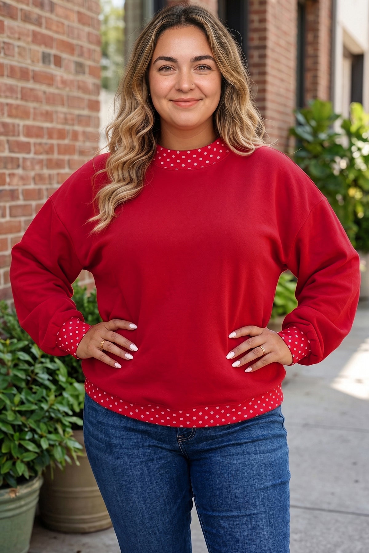 Brown Polka Dot Patchwork Round Neck Plus Size Sweatshirt