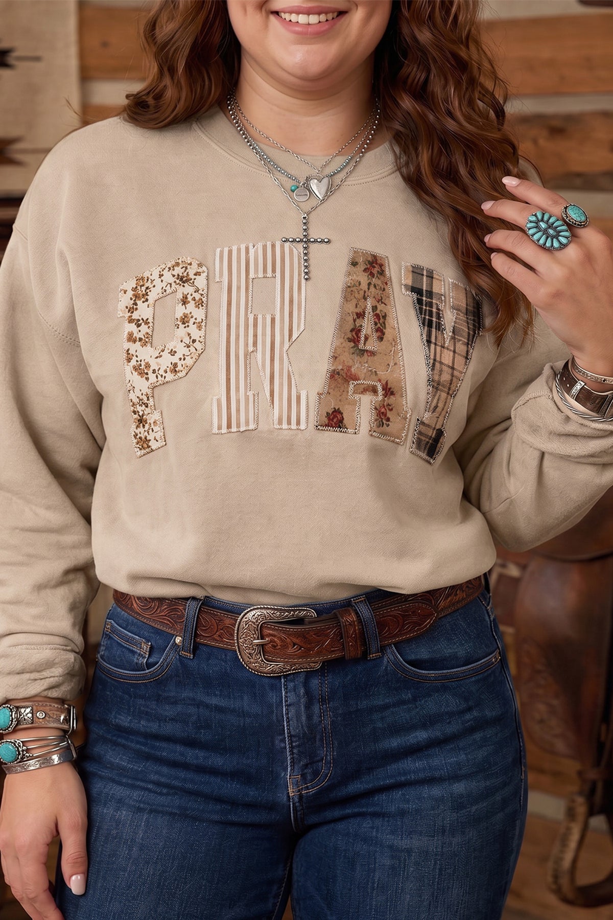 Fiery Red PRAY Letter Patchwork Round Neck Long Sleeve Plus Size Sweatshirt