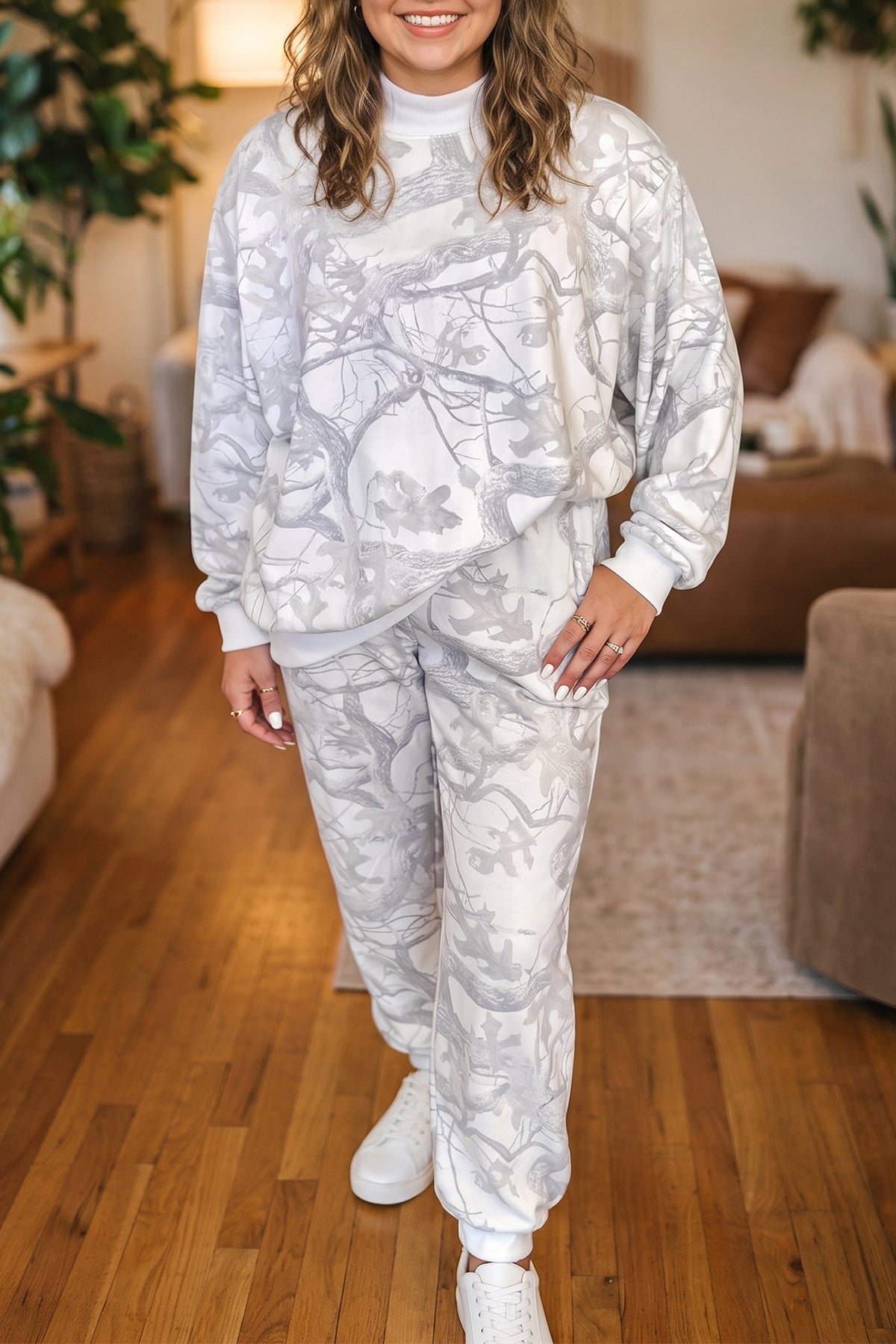 Pink Camouflage Print Stand Neck Long Sleeve Regular Fit Plus Size Set