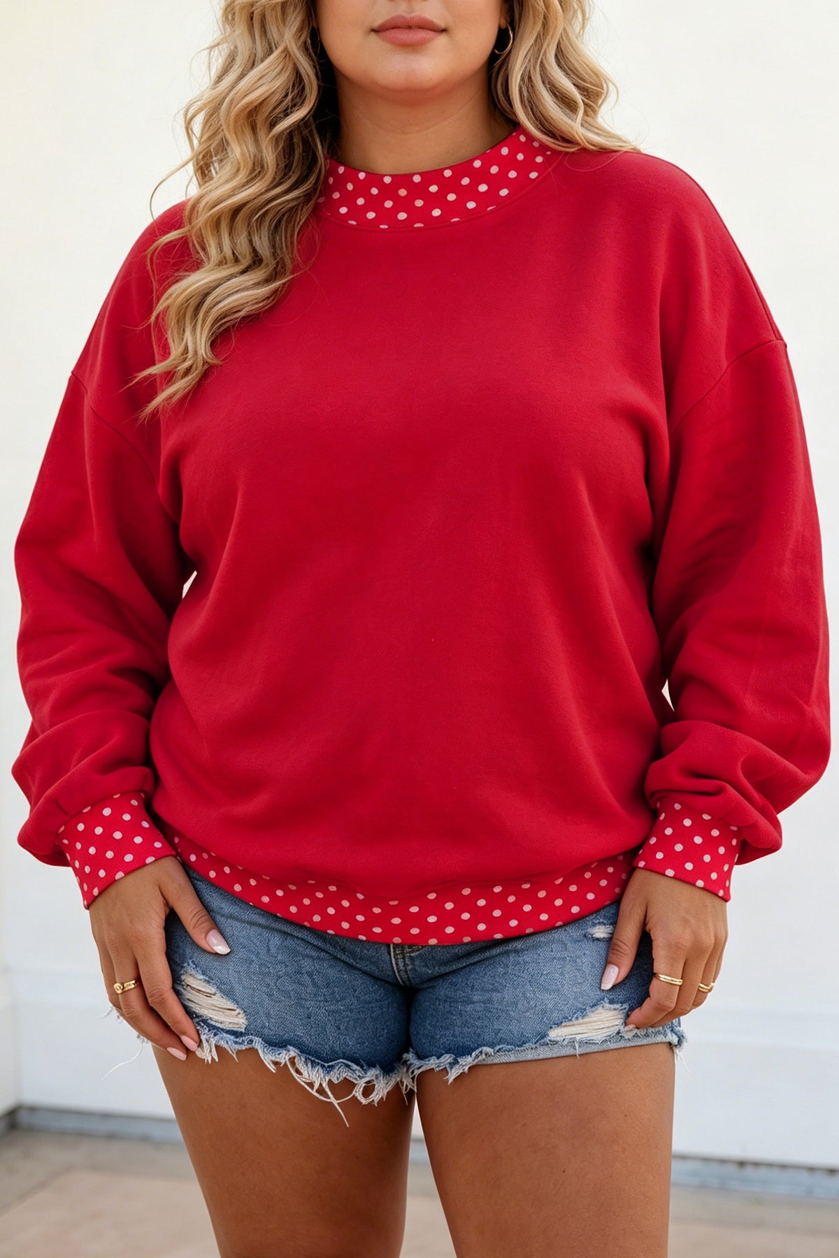 Brown Polka Dot Patchwork Round Neck Plus Size Sweatshirt