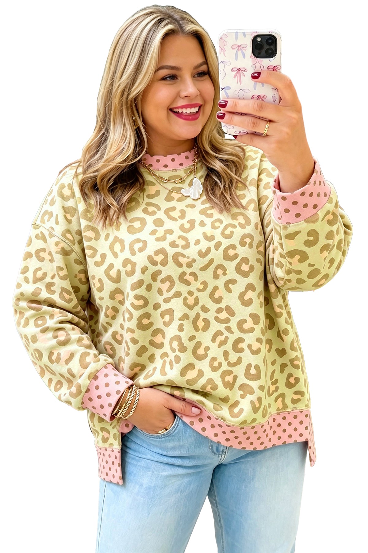 Brown Plus Size Leopard Print Contrast Polka Dot Trim Long Sleeve Top