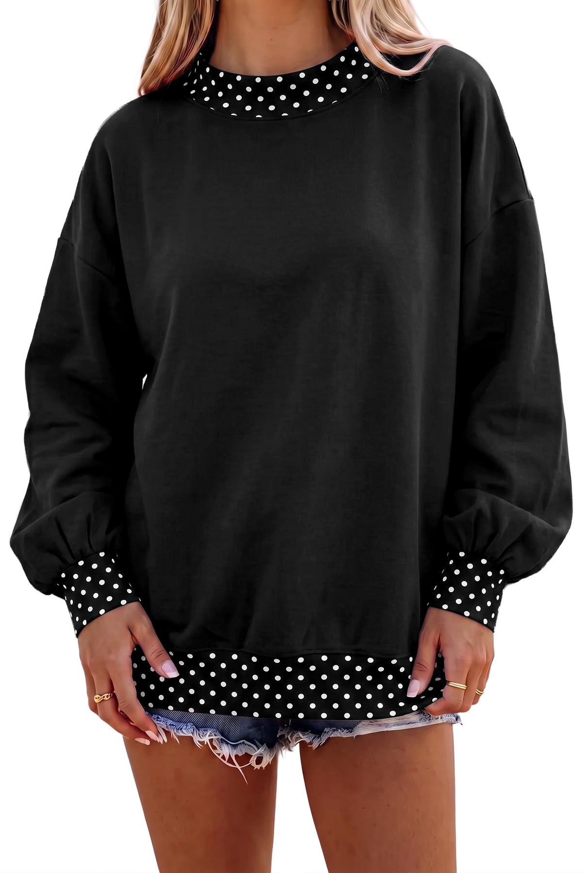 Tillandsia Purple Colorblock Polka Dot Contrast Trim Oversized Sweatshirt