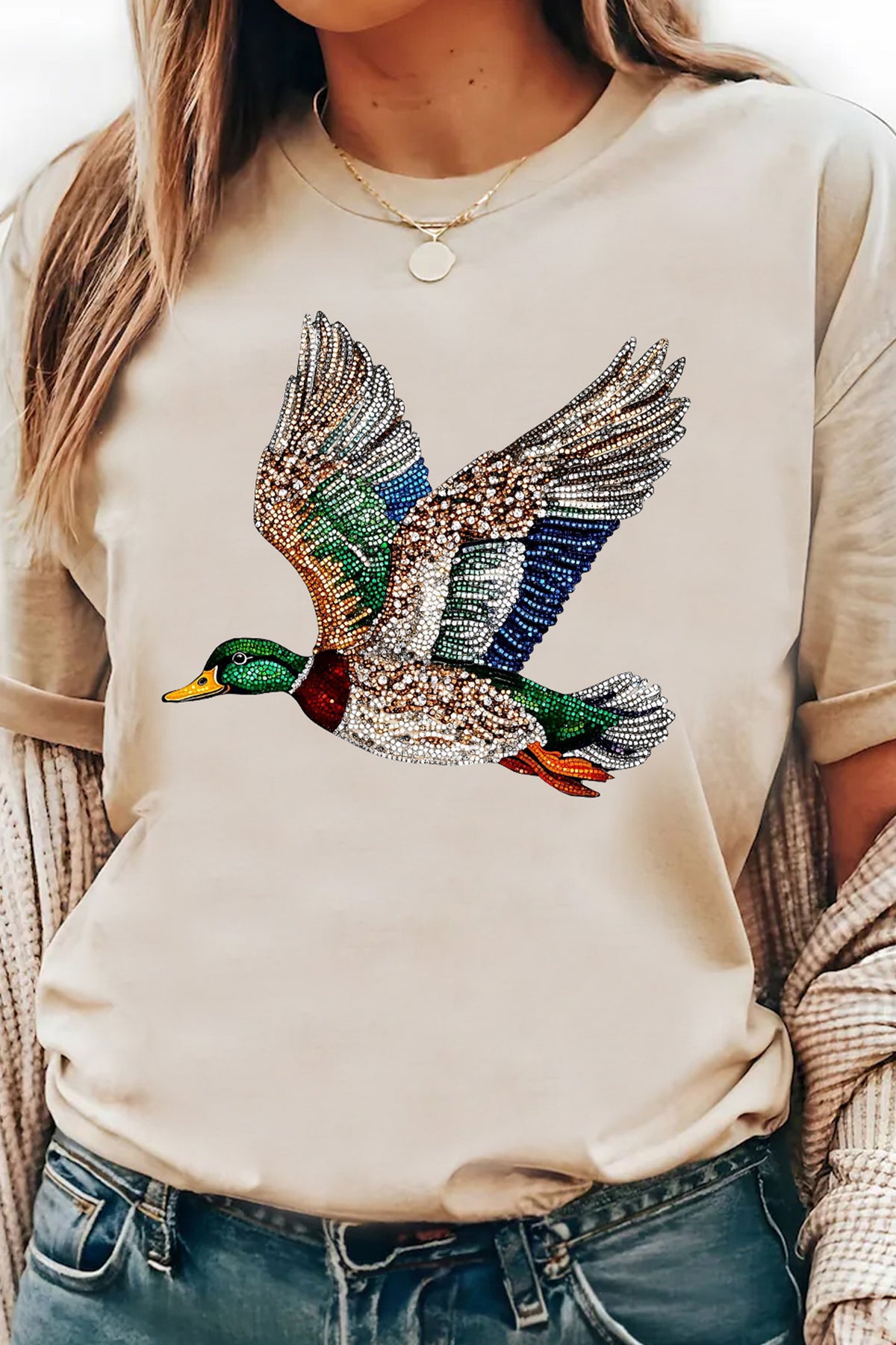 White Flying Mallard Print Crew Neck T Shirt