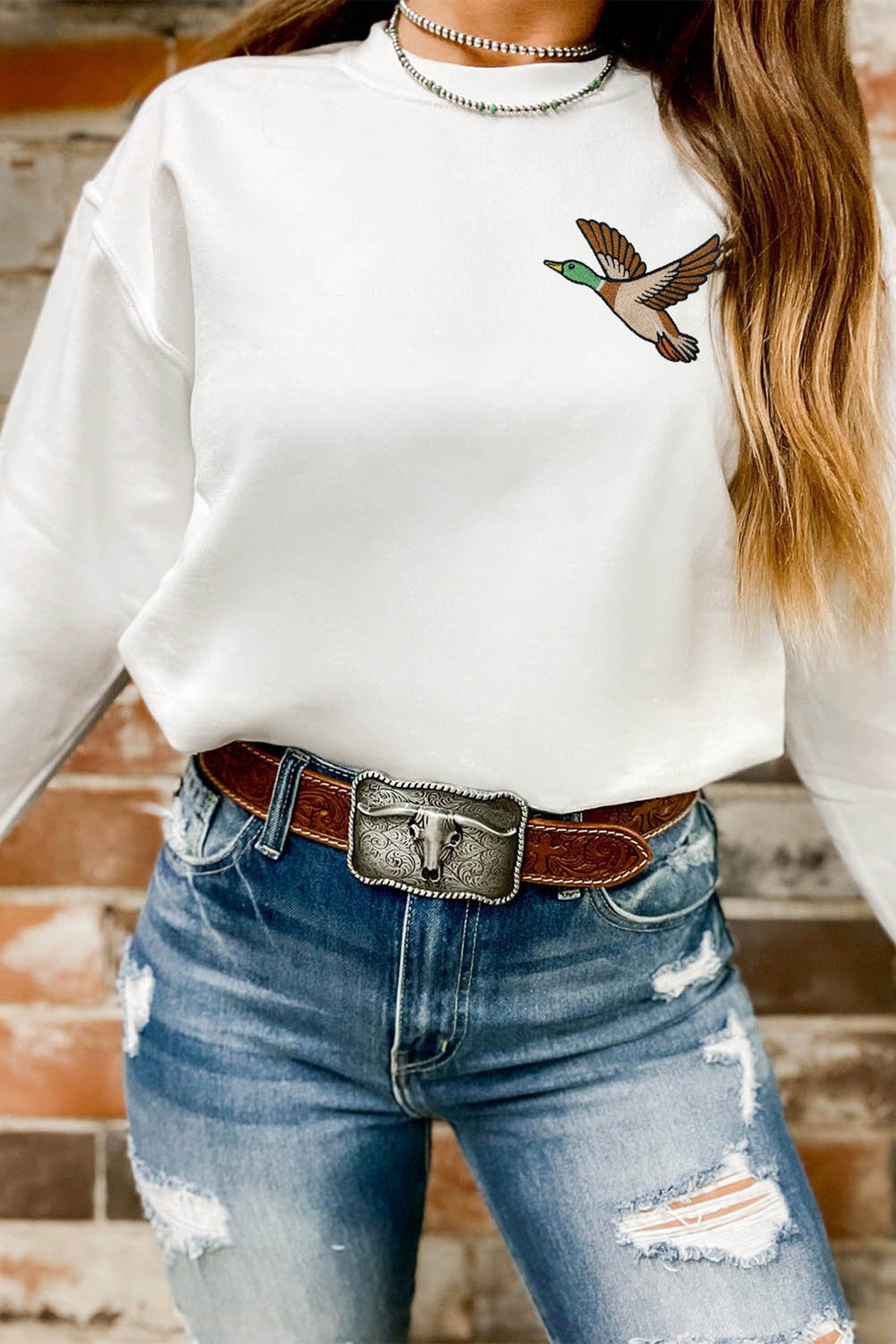 White Mallard Embroidered Detail Relaxed Pullover Sweatshirt