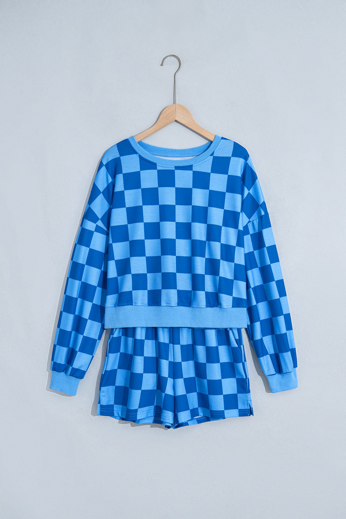 Orange Plaid Checkered Long Sleeve Crop Top Elastic Waist Shorts Two Piece Set