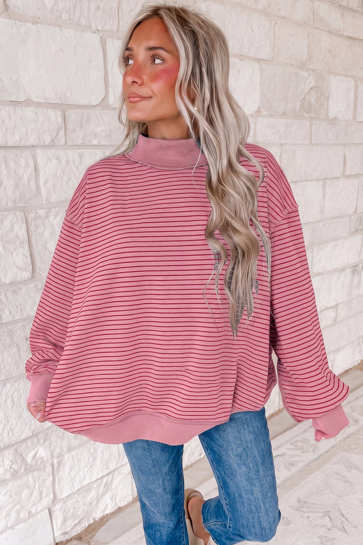 Khaki Stripe Ribbed Color Block Mock Neck Oversized Sweatshirt