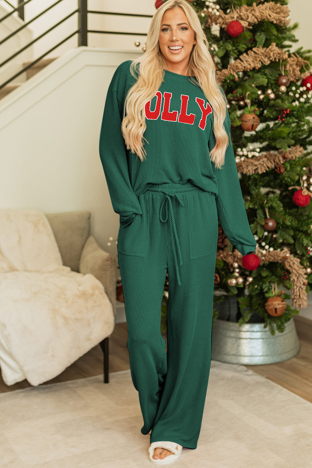 Racing Red MERRY Corded Long Sleeve Top and Pockets Pants Set